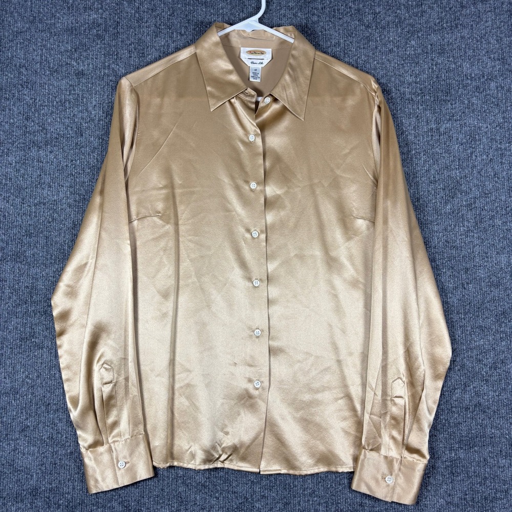 Vintage Talbots Pure Silk Button Down Blouse Womens 12 Gold Satin Long Sleeve